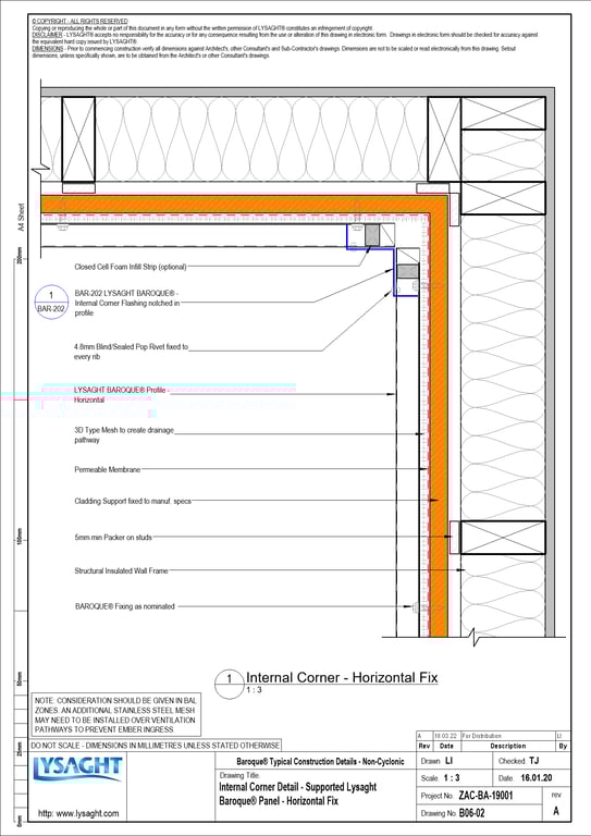 Navigate to B06-02 - Internal Corner Detail - Supported Lysaght Baroque® Panel - Horizontal Fix