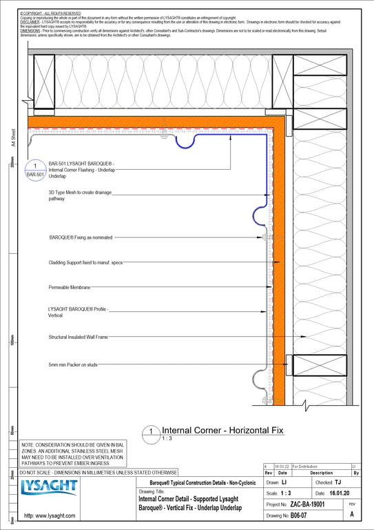  Image of B06-07 - Internal Corner Detail - Supported Lysaght Baroque® - Vertical Fix - Underlap Underlap