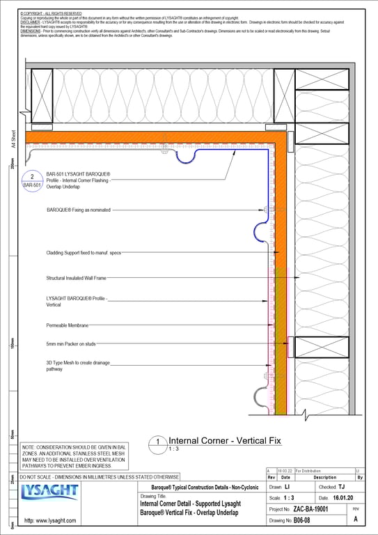 Navigate to B06-08 - Internal Corner Detail - Supported Lysaght Baroque® Vertical Fix - Overlap Underlap