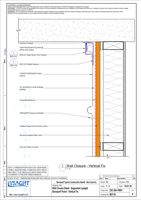  Image of B07-04 - Wall Clousre Detail - Supported Lysaght Baroque® Panel - Vertical Fix