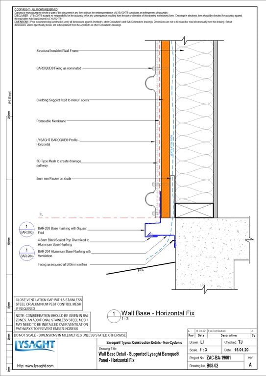 Navigate to B08-02 - Wall Base Detail - Supported Lysaght Baroque® Panel - Horizontal Fix