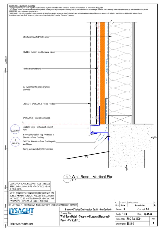 Navigate to B08-04 - Wall Base Detail - Supported Lysaght Baroque® Panel - Vertical Fix