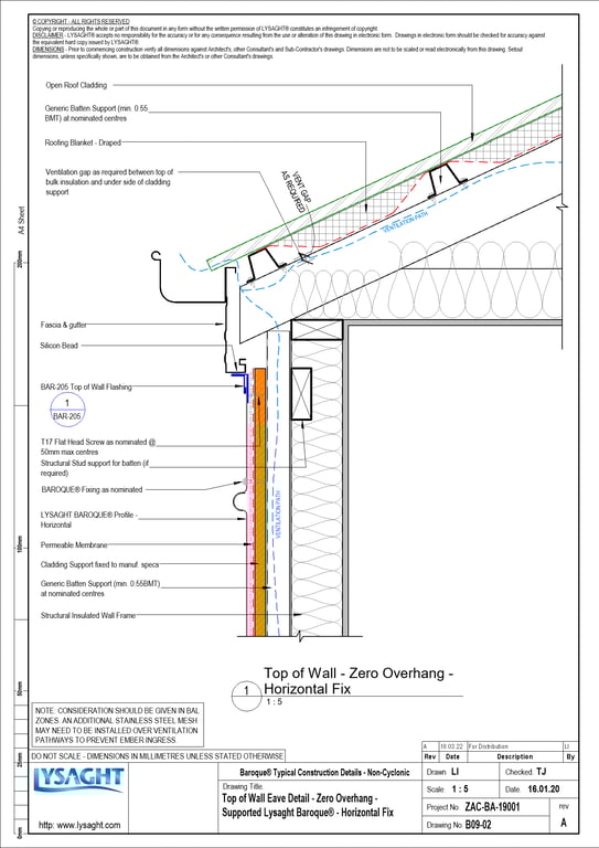 Navigate to B09-02 - Top of Wall Eave Detail - Zero Overhang - Supported Lysaght Baroque® - Horizontal Fix