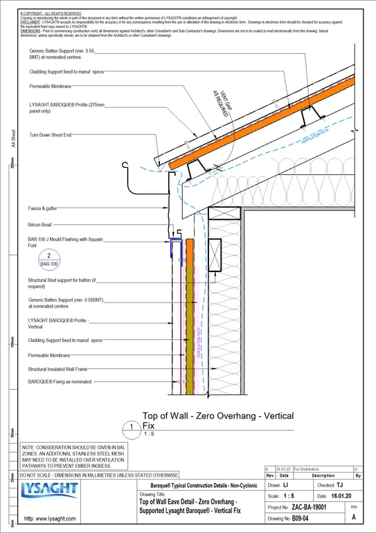  Image of B09-04 - Top of Wall Eave Detail - Zero Overhang - Supported Lysaght Baroque® - Vertical Fix