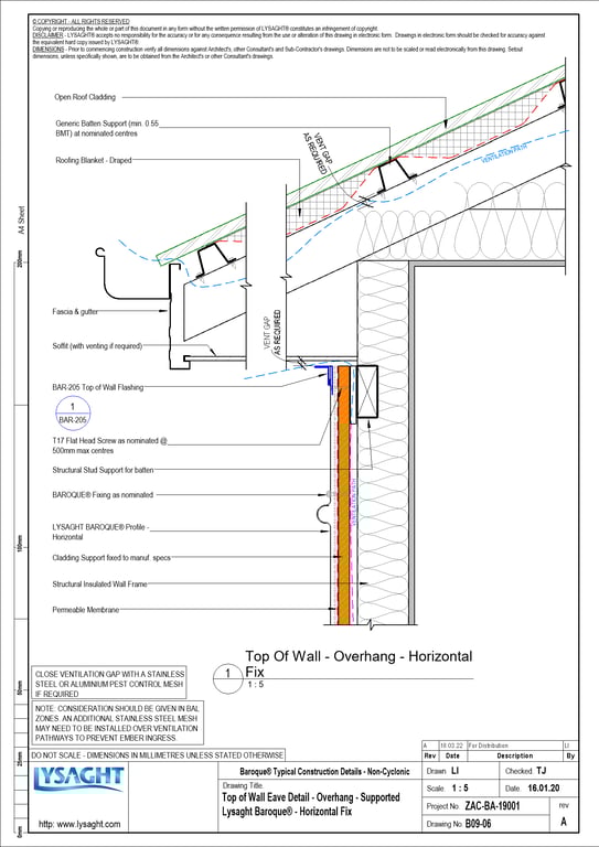 Navigate to B09-06 - Top of Wall Eave Detail - Overhang - Supported Lysaght Baroque® - Horizontal Fix
