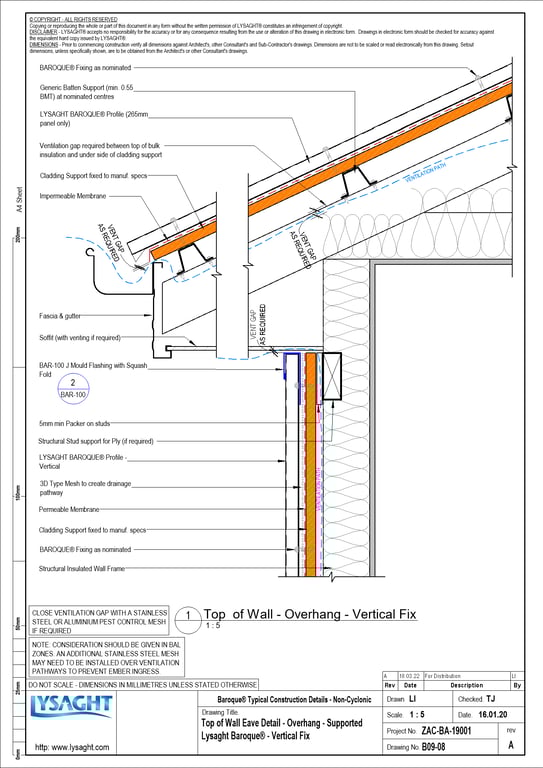 Navigate to B09-08 - Top of Wall Eave Detail - Overhang - Supported Lysaght Baroque® - Vertical Fix
