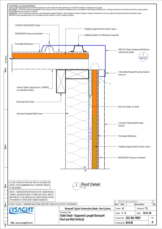 Navigate to B10-06 - Gable Detail - Supported Lysaght Baroque® Roof and Wall (Vertical)