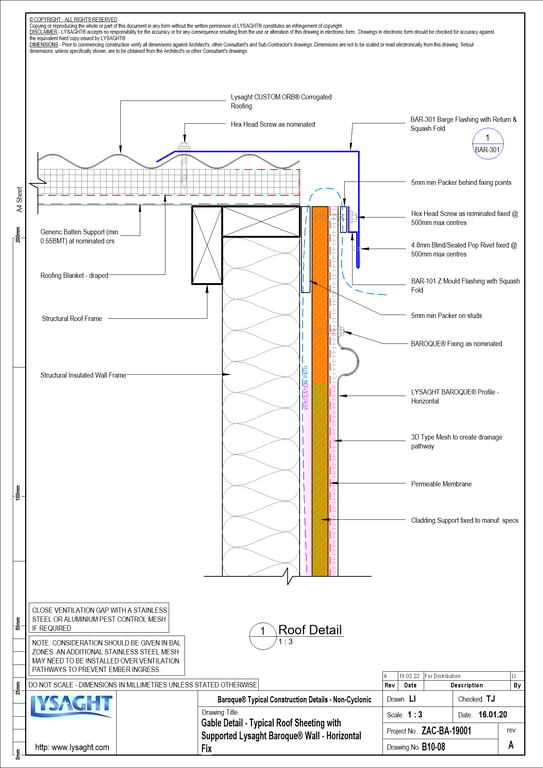 Navigate to B10-08 - Gable Detail - Typical Roof Sheeting with Supported Lysaght Baroque® Wall - Horizontal Fix
