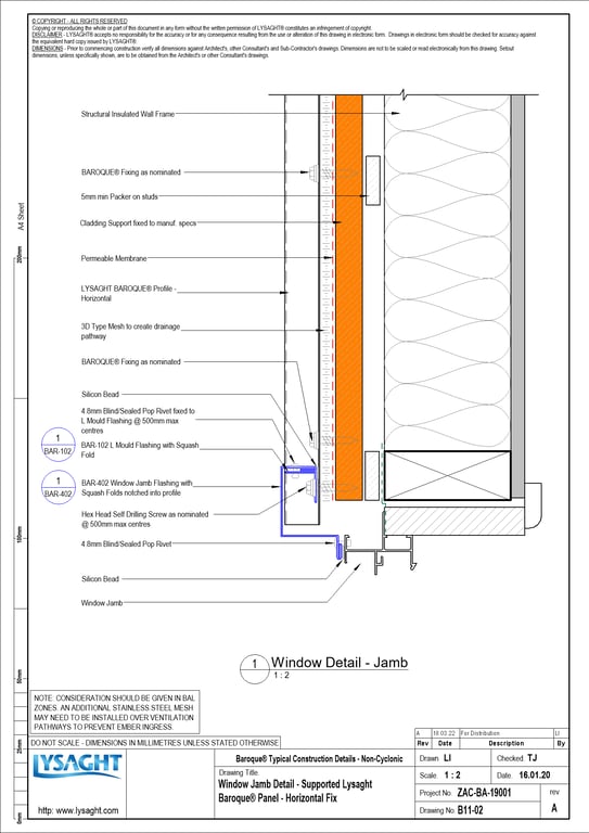 Navigate to B11-02 - Window Jamb Detail - Supported Lysaght Baroque® Panel - Horizontal Fix