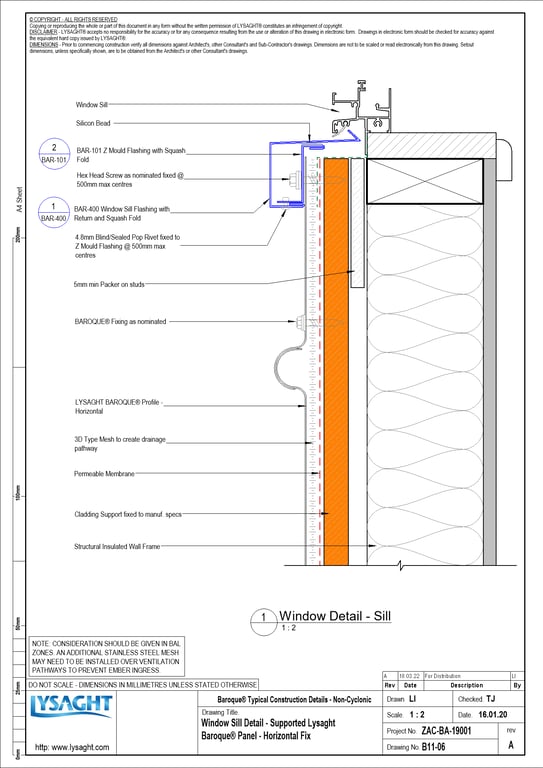Navigate to B11-06 - Window Sill Detail - Supported Lysaght Baroque® Panel - Horizontal Fix