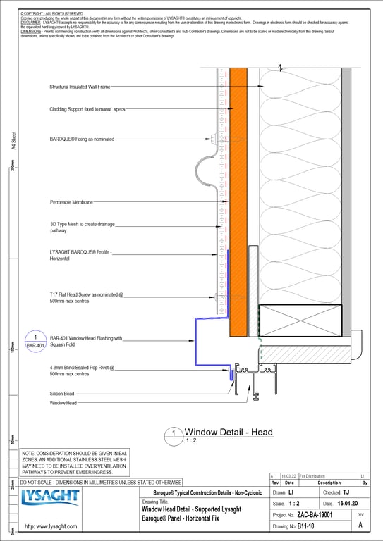 Navigate to B11-10 - Window Head Detail - Supported Lysaght Baroque® Panel - Horizontal Fix