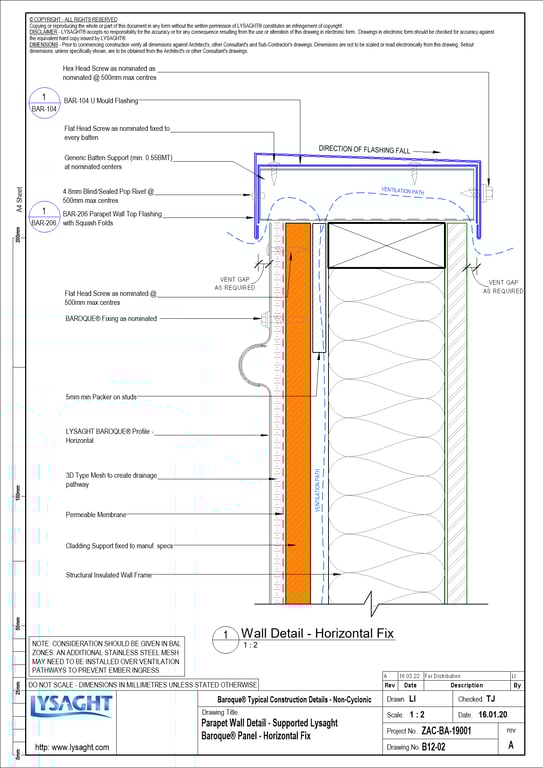 Navigate to B12-02 - Parapet Wall Detail - Supported Lysaght Baroque® Panel - Horizontal Fix