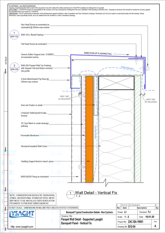 Navigate to B12-04 - Parapet Wall Detail - Supported Lysaght Baroque® Panel - Vertical Fix
