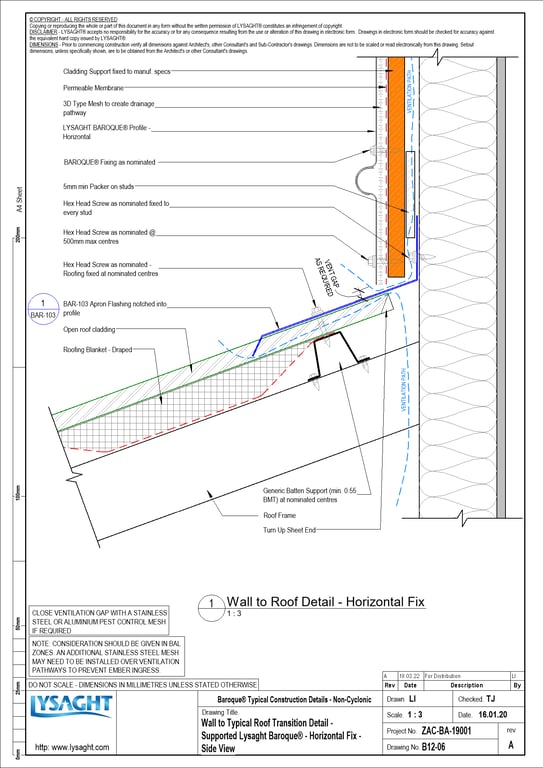 Navigate to B12-06 - Wall to Typical Roof Transition Detail - Supported Lysaght Baroque® - Horizontal Fix - Side View