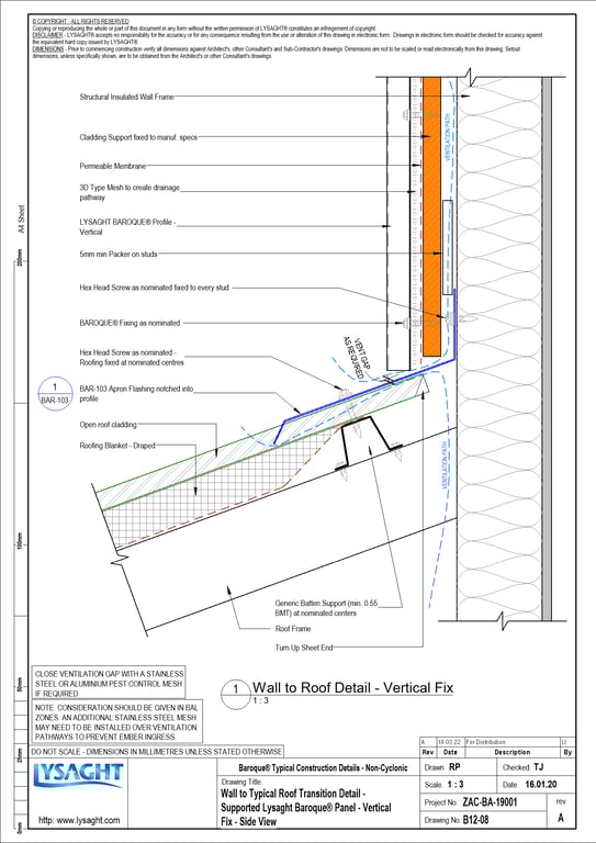 Navigate to B12-08 - Wall to Typical Roof Transition Detail - Supported Lysaght Baroque® Panel - Vertical Fix - Side View