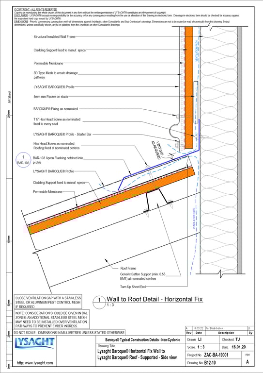  Image of B12-10 - Lysaght Baroque® Horizontal Fix Wall to Lysaght Baroque® Roof - Supported - Side view