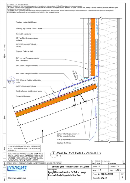 Navigate to B12-12 - Lysaght Baroque® Vertical Fix Wall to Lysaght Baroque® Roof - Supported - Side View