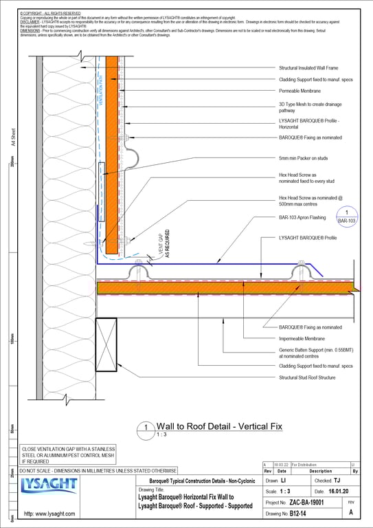  Image of B12-14 - Lysaght Baroque® Horizontal Fix Wall to Lysaght Baroque® Roof - Supported - Supported