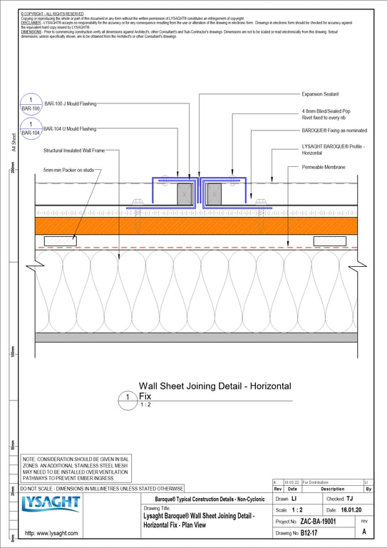  Image of B12-17 - Lysaght Baroque® Wall Sheet Joining Detail - Horizontal Fix - Plan View