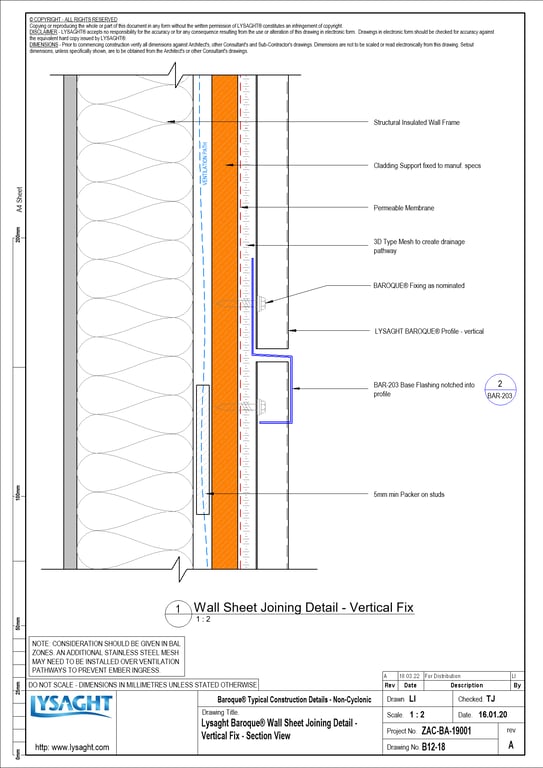 Navigate to B12-18 - Lysaght Baroque® Wall Sheet Joining Detail - Vertical Fix - Section View