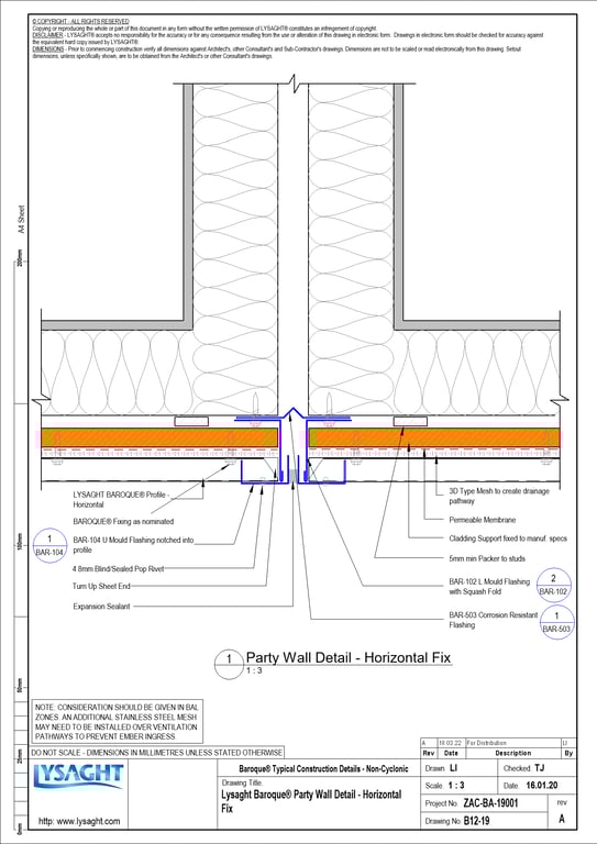 Navigate to B12-19 - Lysaght Baroque® Party Wall Detail - Horizontal Fix