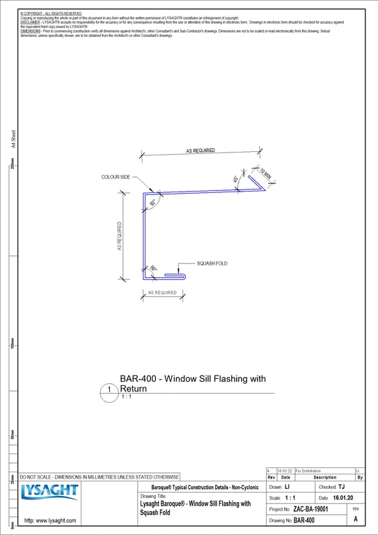Navigate to BAR-400 - Lysaght Baroque® - Window Sill Flashing with Squash Fold