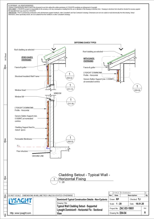 Navigate to D04-04 - Typical Wall Cladding Setout - Supported Lysaght Dominion® - Horizontal Fix - Sectional View