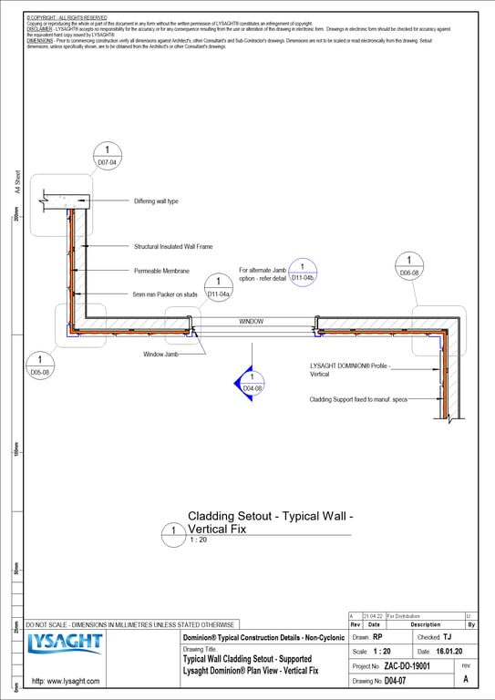 Navigate to D04-07 - Typical Wall Cladding Setout - Supported Lysaght Dominion® Plan View - Vertical Fix