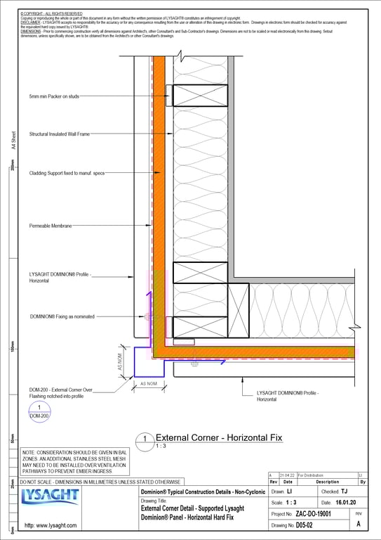 Navigate to D05-02 - External Corner Detail - Supported Lysaght Dominion® Panel - Horizontal Hard Fix