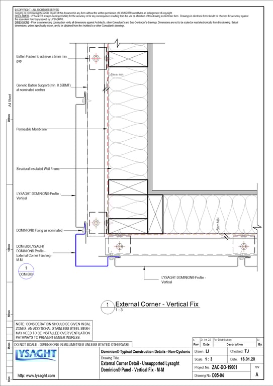Navigate to D05-04 - External Corner Detail - Unsupported Lysaght Dominion® Panel - Vertical Fix - M-M