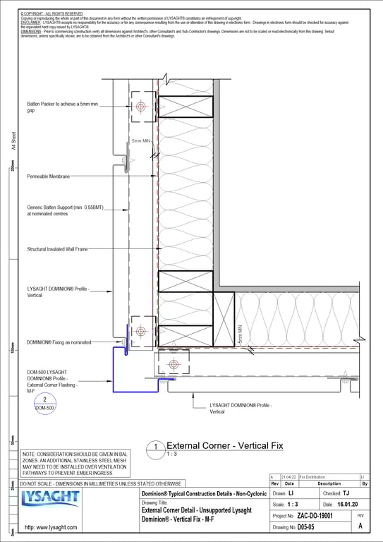 Navigate to D05-05 - External Corner Detail - Unsupported Lysaght Dominion® - Vertical Fix - M-F