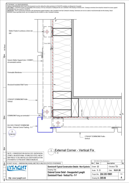 Navigate to D05-06 - External Corner Detail - Unsupported Lysaght Dominion® Panel - Vertical Fix - F-F