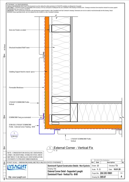 Navigate to D05-07 - External Corner Detail - Supported Lysaght Dominion® Panel - Vertical Fix - M-M