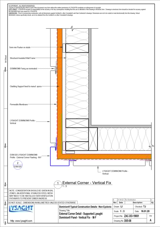 Navigate to D05-08 - External Corner Detail - Supported Lysaght Dominion® Panel - Vertical Fix -  M-F