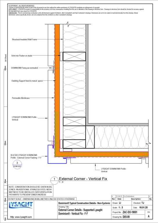 Navigate to D05-09 - External Corner Details - Supported Lysaght Dominion® - Vertical Fix - F-F