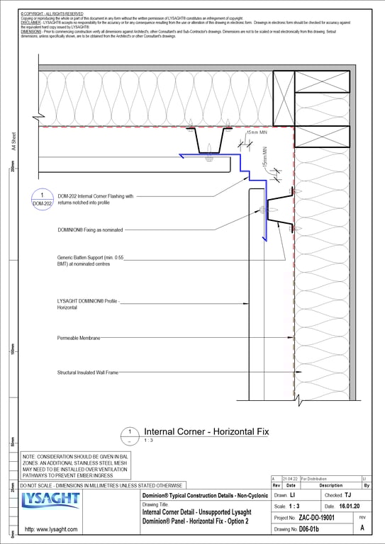 Navigate to D06-01b - Internal Corner Detail - Unsupported Lysaght Dominion® Panel - Horizontal Fix - Option 2
