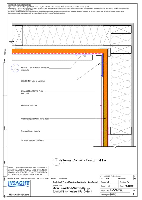 Navigate to D06-02a - Internal Corner Detail - Supported Lysaght Dominion® Panel - Horizontal Fix - Option 1