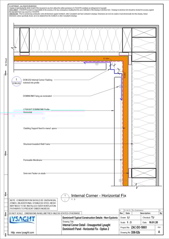 Navigate to D06-02b - Internal Corner Detail - Unsupported Lysaght Dominion® Panel - Horizontal Fix - Option 2