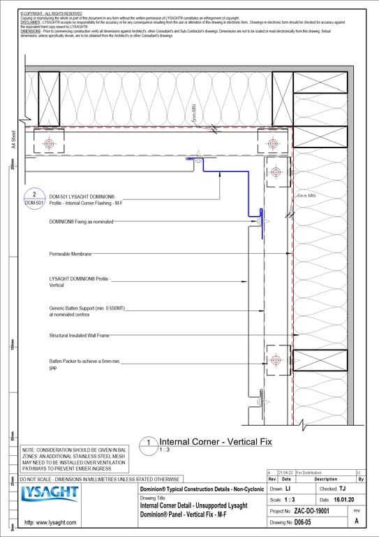 Navigate to D06-05 - Internal Corner Detail - Unsupported Lysaght Dominion® Panel - Vertical Fix - M-F