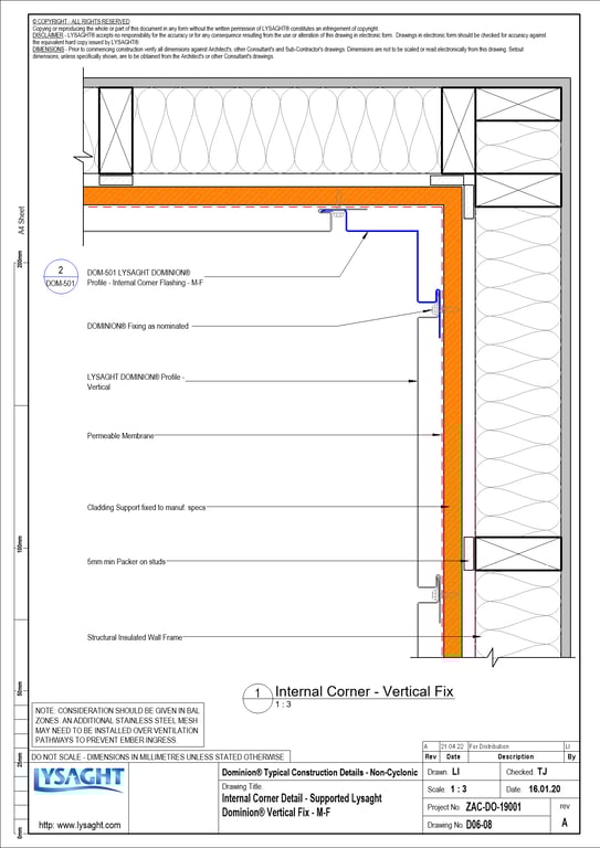 Navigate to D06-08 - Internal Corner Detail - Supported Lysaght Dominion® Vertical Fix - M-F