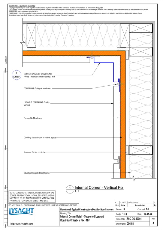 D06-08 - Internal Corner Detail - Supported Lysaght Dominion® Vertical Fix - M-F