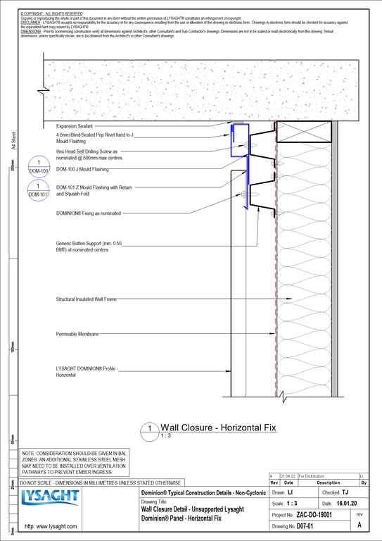 Navigate to D07-01 - Wall Closure Detail - Unsupported Lysaght Dominion® Panel - Horizontal Fix