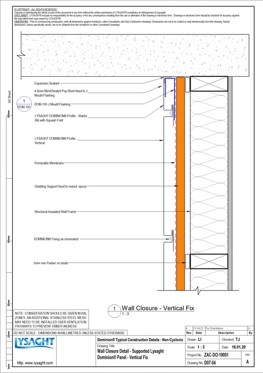 Navigate to D07-04 - Wall Closure Detail - Supported Lysaght Dominion® Panel - Vertical Fix