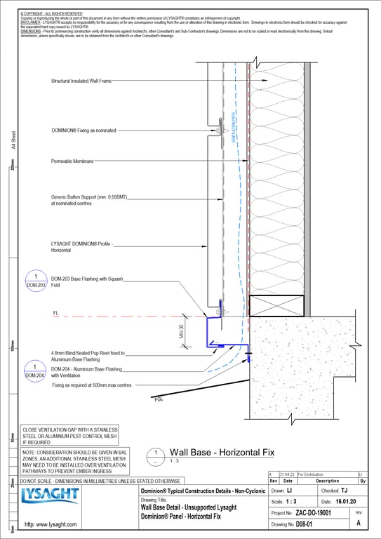 Navigate to D08-01 - Wall Base Detail - Unsupported Lysaght Dominion® Panel - Horizontal Fix