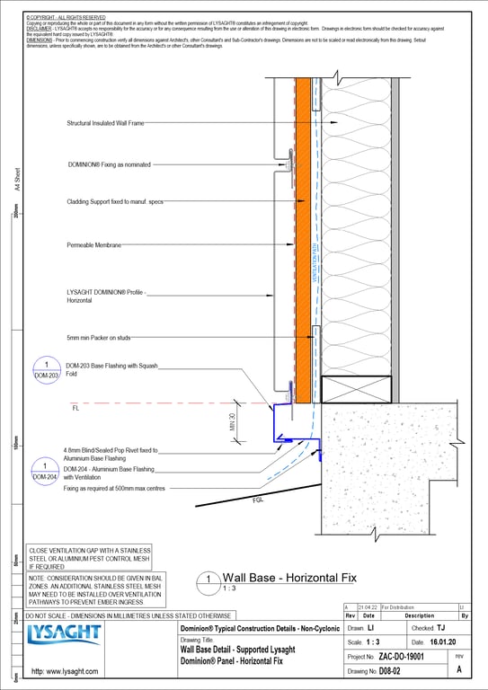 D08-02 - Wall Base Detail - Supported Lysaght Dominion® Panel - Horizontal Fix