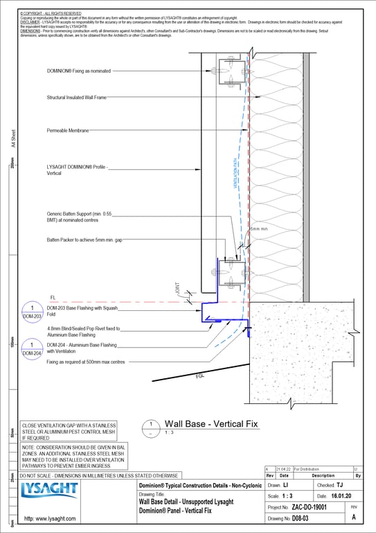 Navigate to D08-03 - Wall Base Detail - Unsupported Lysaght Dominion® Panel - Vertical Fix
