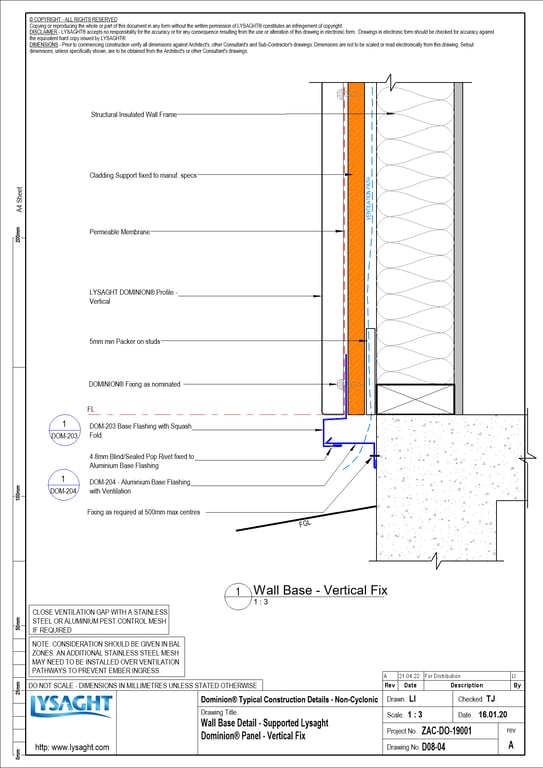  Image of D08-04 - Wall Base Detail - Supported Lysaght Dominion® Panel - Vertical Fix