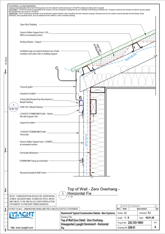 D09-01 - Top of Wall Eave Detail - Zero Overhang - Unsupported Lysaght Dominion® - Horizontal Fix