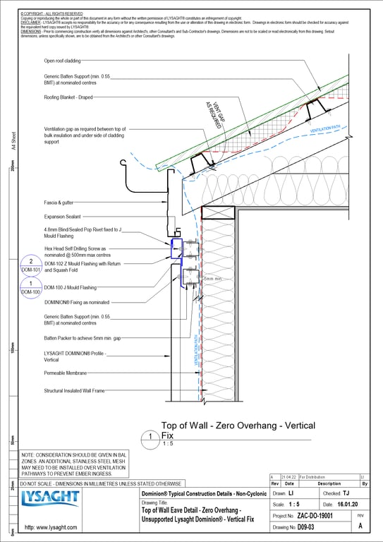 Navigate to D09-03 - Top of Wall Eave Detail - Zero Overhang - Unsupported Lysaght Dominion® - Vertical Fix