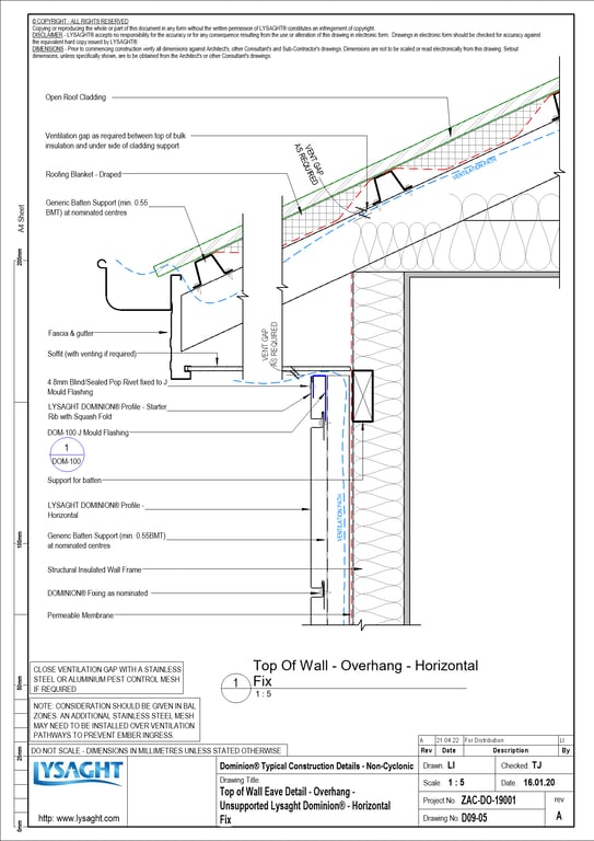 Navigate to D09-05 - Top of Wall Eave Detail - Overhang - Unsupported Lysaght Dominion® - Horizontal Fix